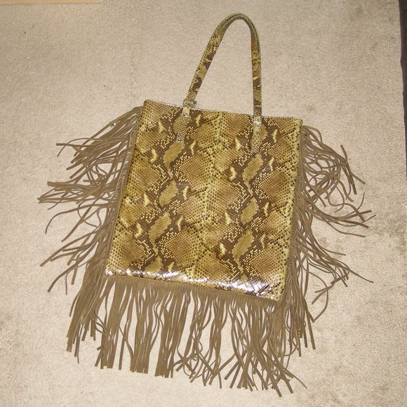 NWOT Via Repubblica Olive Green Reptile Leather Bag w/Fringe - Picture 4 of 10